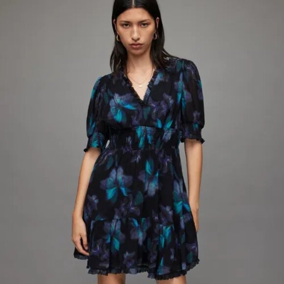AllSaints Via Ceres butterfly Print Mini Dress - Size 10 - Picture 1 of 10